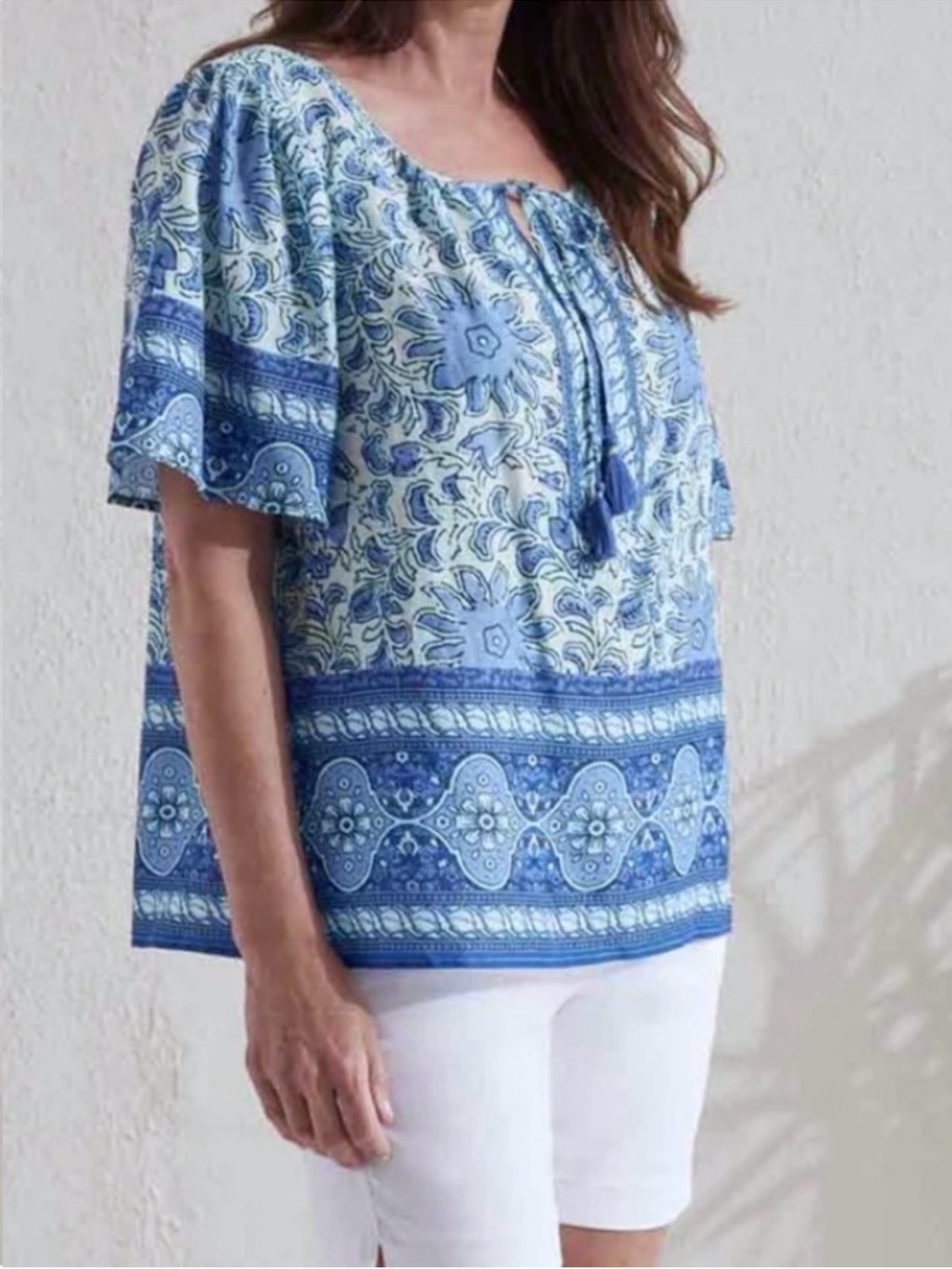 NWT Tribal Jeans Bluestar Printed Short Sleeve Tassel Tie Top Blue Size XL